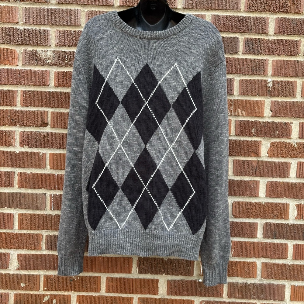 Paul Fredrick Men’s Black Gray Diamonds Linen Cotton Crew Neck Sweater Size M